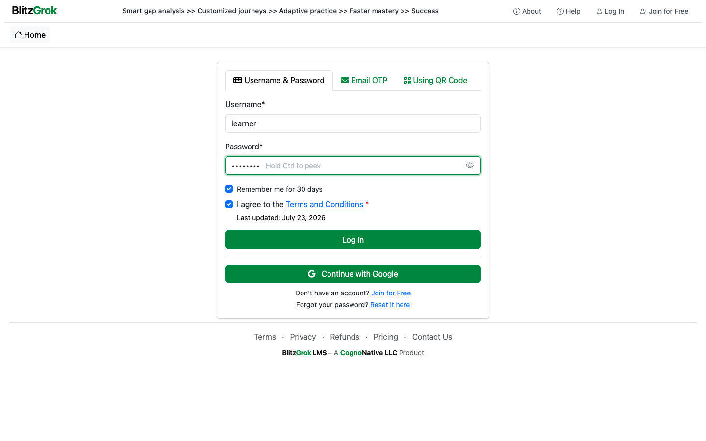 Login page Username and Password tab